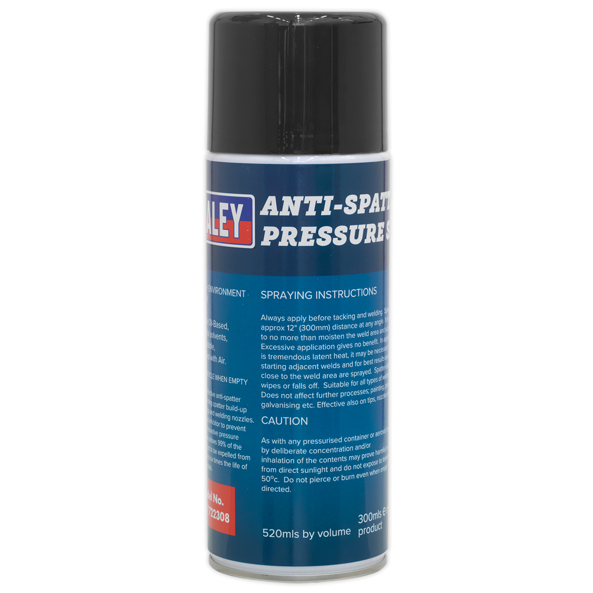 A 300ml can of Sealey's Anti-Spatter Pressure Spray (MIG/722308), featuring a black cap and detailed usage instructions on the label, is enhanced with an environmentally friendly rust inhibitor.