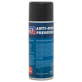 A 300ml can of Sealey's Anti-Spatter Pressure Spray (MIG/722308), featuring a black cap and detailed usage instructions on the label, is enhanced with an environmentally friendly rust inhibitor.