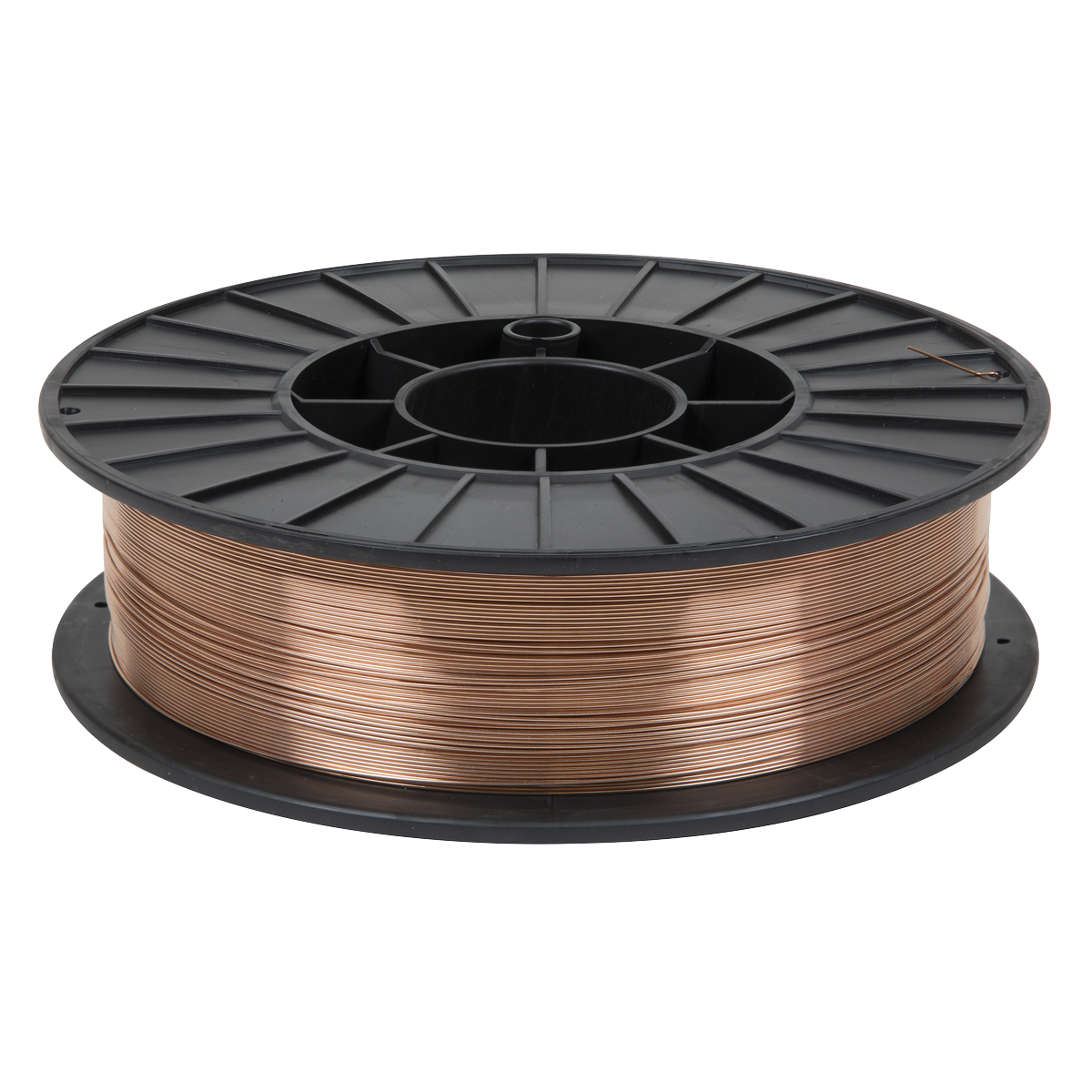 A spool of Sealey Mild Steel MIG Wire 5kg Ø0.8mm A18 Grade - MIG/777708 is wound on a large black plastic reel, designed for industrial or electrical use and meets BS EN ISO 14341:2008 standards.