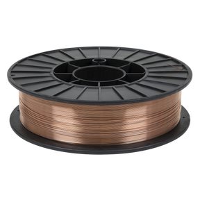 A spool of Sealey Mild Steel MIG Wire 5kg Ø0.8mm A18 Grade - MIG/777708 is wound on a large black plastic reel, designed for industrial or electrical use and meets BS EN ISO 14341:2008 standards.