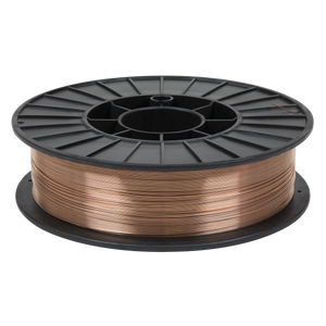 A spool of Sealey Mild Steel MIG Wire 5kg Ø0.8mm A18 Grade - MIG/777708 is wound on a large black plastic reel, designed for industrial or electrical use and meets BS EN ISO 14341:2008 standards.