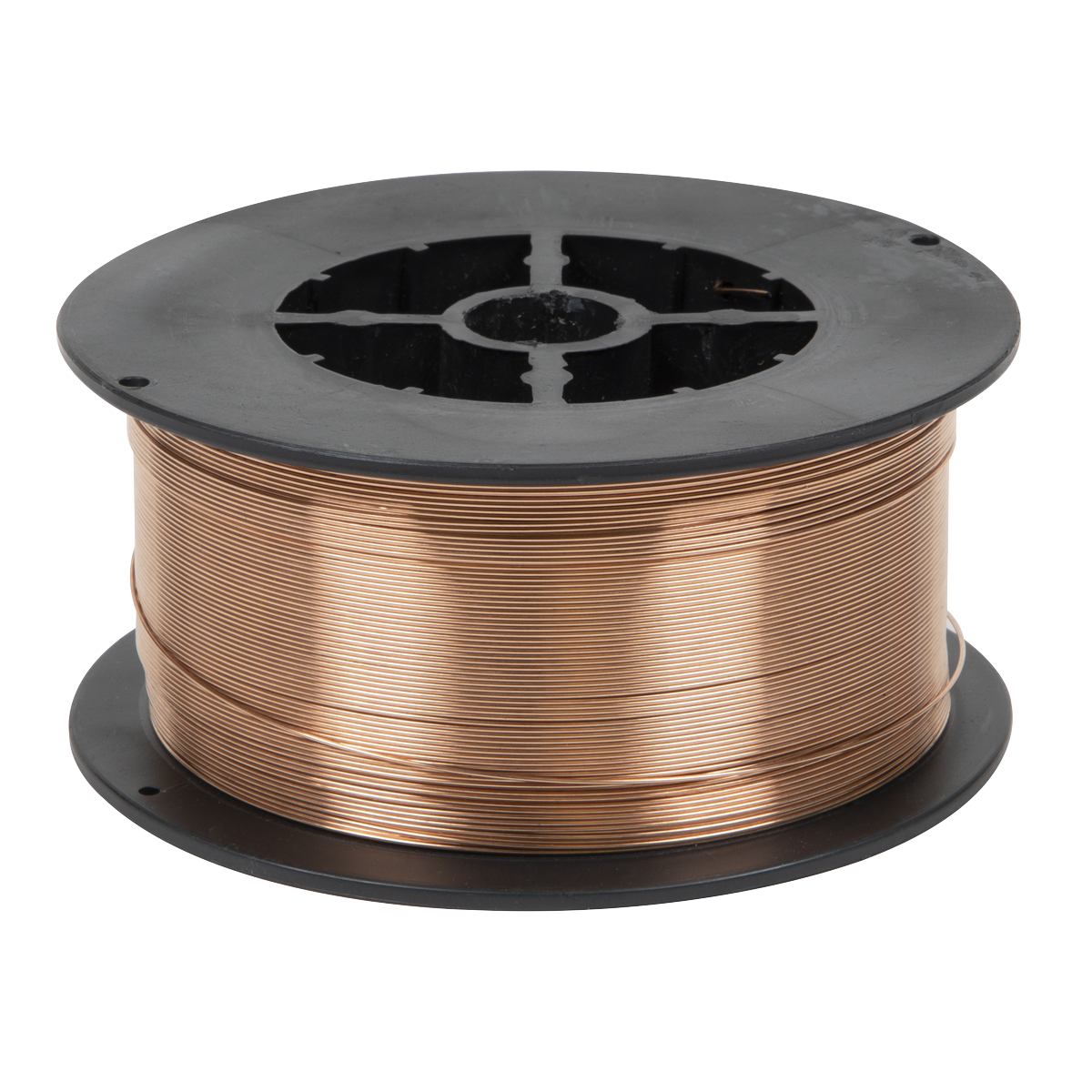 A black spool of top-quality Sealey Mild Steel MIG Wire, 0.7kg with a Ø0.6mm A18 Grade, neatly wound and ready for use according to BS EN ISO 14341:2008 standards.