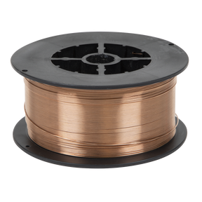A black spool of top-quality Sealey Mild Steel MIG Wire, 0.7kg with a Ø0.6mm A18 Grade, neatly wound and ready for use according to BS EN ISO 14341:2008 standards.