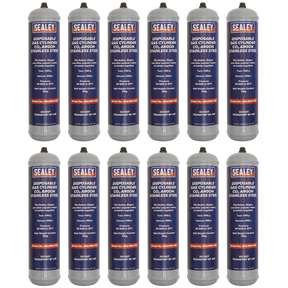 A box of twelve Sealey disposable 100g CO2/Argon gas cylinders, labeled for stainless steel and ideal for the mobile welder, arranged in four rows—perfectly fits MIG/MIX/100/12.