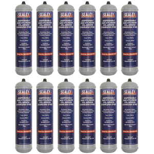 A box of twelve Sealey disposable 100g CO2/Argon gas cylinders, labeled for stainless steel and ideal for the mobile welder, arranged in four rows—perfectly fits MIG/MIX/100/12.