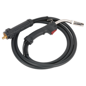 The Sealey MIG Torch with 3m Euro Connection MB25 - MIG/N325 is a black welding gun featuring a heat-proof, coiled cable, a metal nozzle on the end, and a red trigger mechanism for enhanced compatibility.