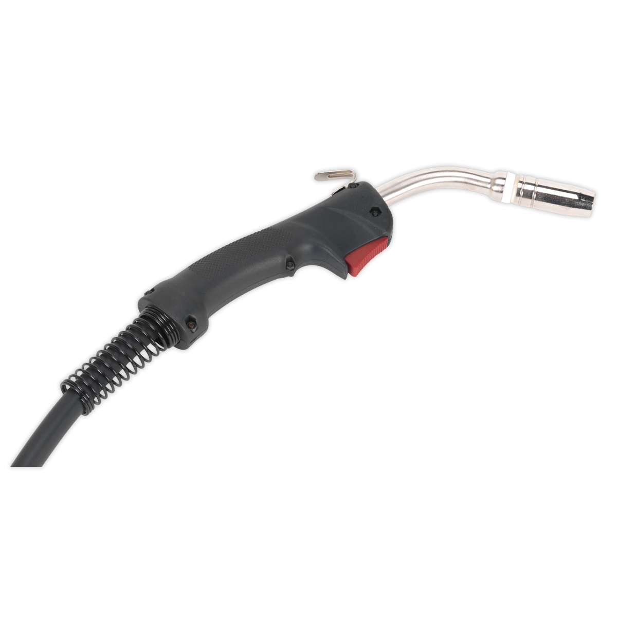 Image of the Sealey MIG Torch with 3m Euro Connection MB25 - MIG/N325, featuring a black handle, a red trigger, and a heat-proof cable extending from the base. The torch is equipped with a metal nozzle at the tip for welding. This professional-grade tool ensures precision and safety with its integrated Euro connection for seamless operation.