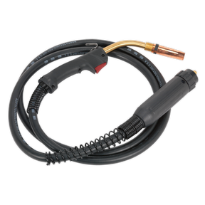 Introducing the Sealey MIG Torch with 3m Euro Connection MB36 - MIG/N336: This professional-grade torch boasts a sleek black handle, a coiled heat-proof cable with protective sheathing, and a durable brass tip. The handle also features a convenient red trigger for easy operation.