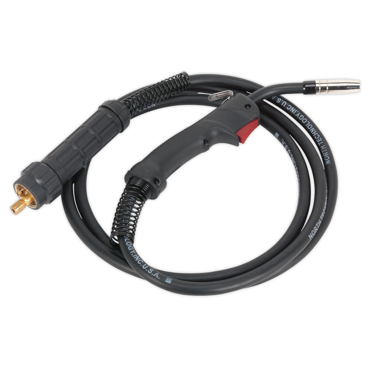 The Sealey MIG Torch with 4m Euro Connection MB15 - MIG/N415 is a coiled black welding torch equipped with a protective handle, a trigger, and a metal nozzle for ease of use.