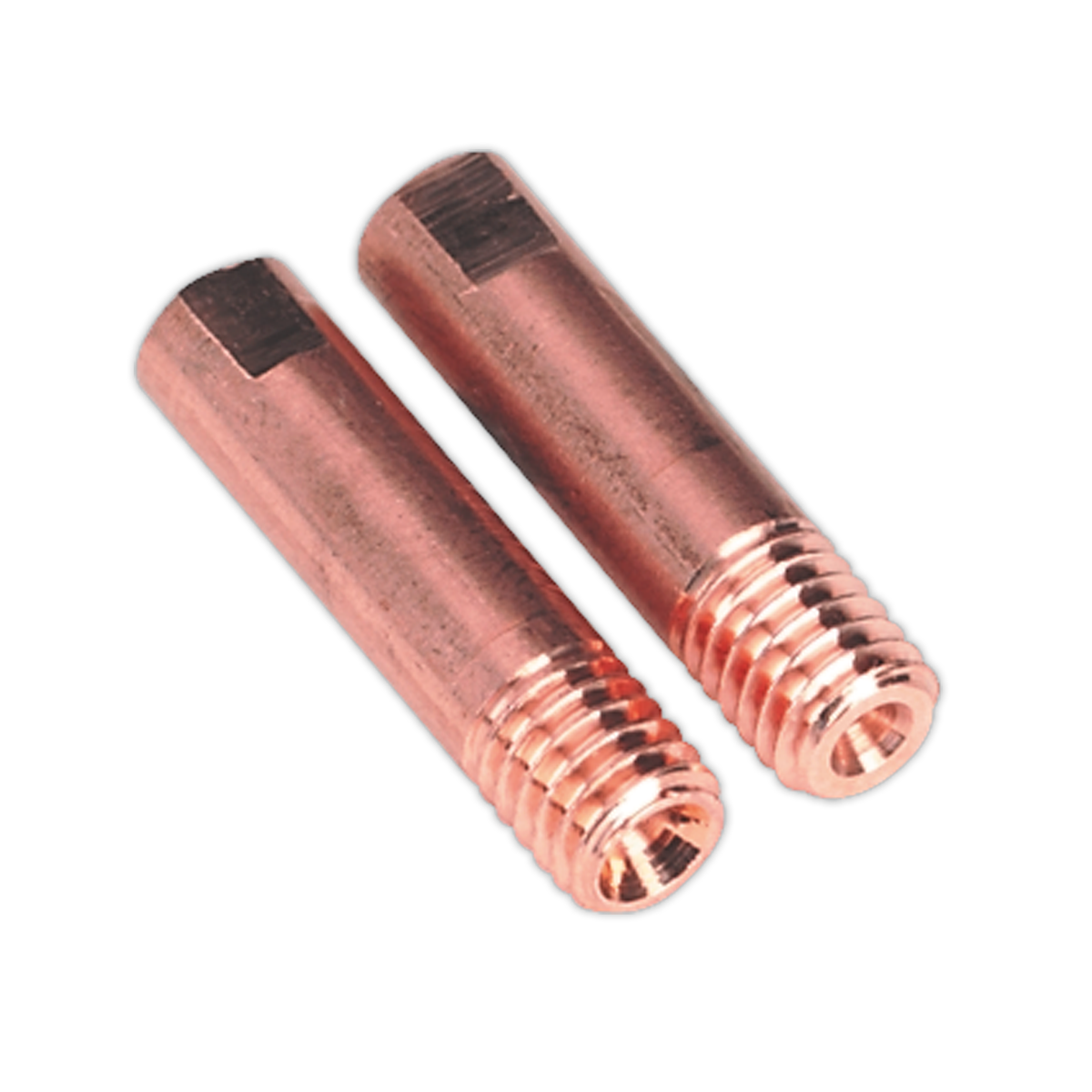 Two cylindrical threaded copper connectors, Sealey Contact Tip 1mm MB15 Pack of 2 (MIG912) compatible with MB15 Torches and Supermig®, are shown side by side against a white background.