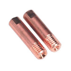 Two cylindrical threaded copper connectors, Sealey Contact Tip 1mm MB15 Pack of 2 (MIG912) compatible with MB15 Torches and Supermig®, are shown side by side against a white background.