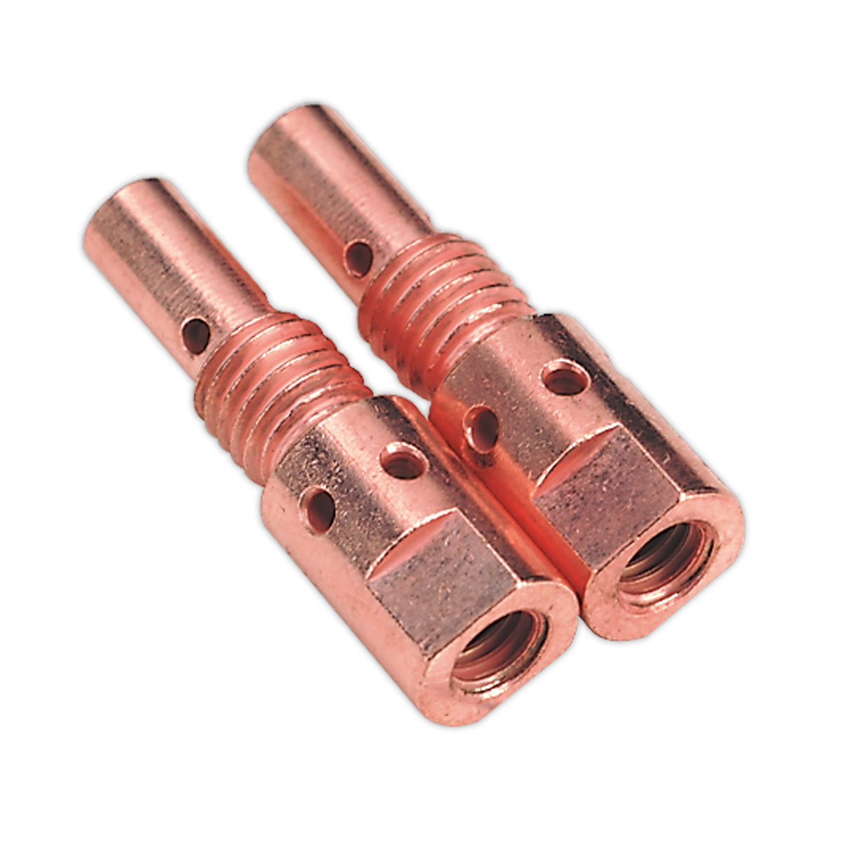 Two Sealey Diffuser Adaptor MB25/36 (MIG913) couplings, featuring a copper-colored metal design with threaded and smooth sections, cylindrical shapes, and multiple small holes—ideal as Powermig adaptors.