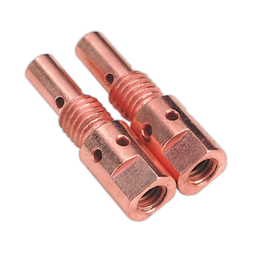 Two Sealey Diffuser Adaptor MB25/36 (MIG913) couplings, featuring a copper-colored metal design with threaded and smooth sections, cylindrical shapes, and multiple small holes—ideal as Powermig adaptors.