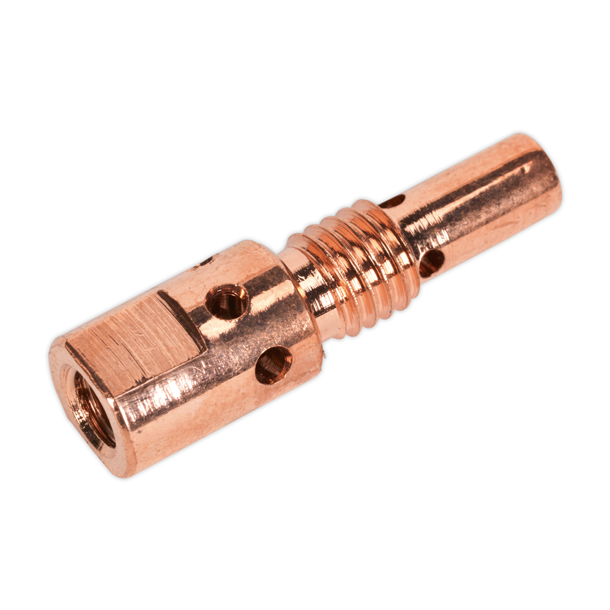 The Sealey Diffuser Adaptor MB25/36 Pack of 2 - MIG913 is a cylindrical metal component with a threaded section in the middle and multiple holes drilled through its body, designed for use in MB25/36 Torches.