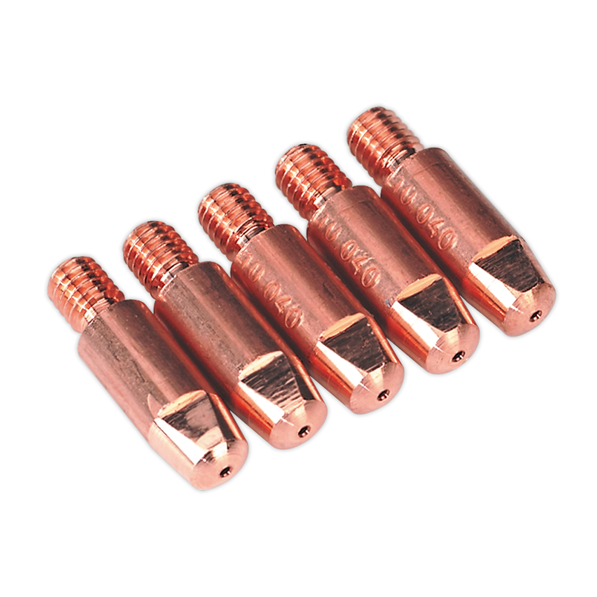 Five Sealey Contact Tip 1.2mm MB25/36 Pack of 5 - MIG919, featuring threaded ends, designed for use in Powermig and MB25/36 torches.