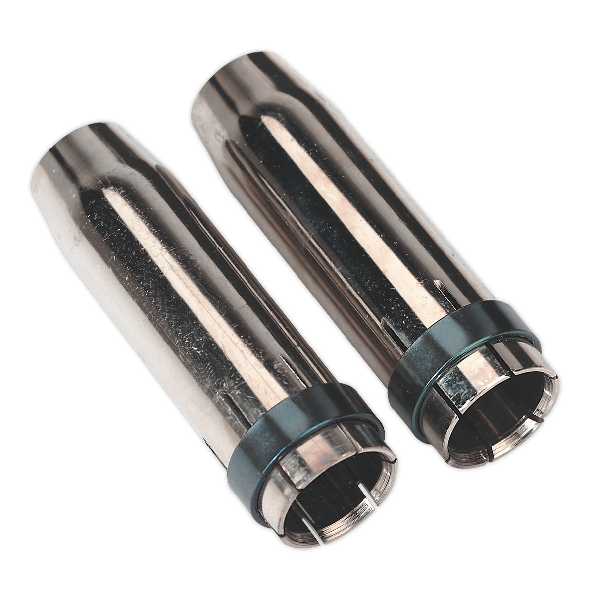 Two shiny, metallic welding nozzles from the Sealey brand, specifically the Conical Nozzle MB36 Pack of 2 - MIG924, placed side by side. Each features a smooth cylindrical body and a slightly wider, ridged base. Perfectly compatible with MB36 Torches for use in Powermig 4500 systems.