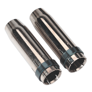 Two shiny, metallic welding nozzles from the Sealey brand, specifically the Conical Nozzle MB36 Pack of 2 - MIG924, placed side by side. Each features a smooth cylindrical body and a slightly wider, ridged base. Perfectly compatible with MB36 Torches for use in Powermig 4500 systems.