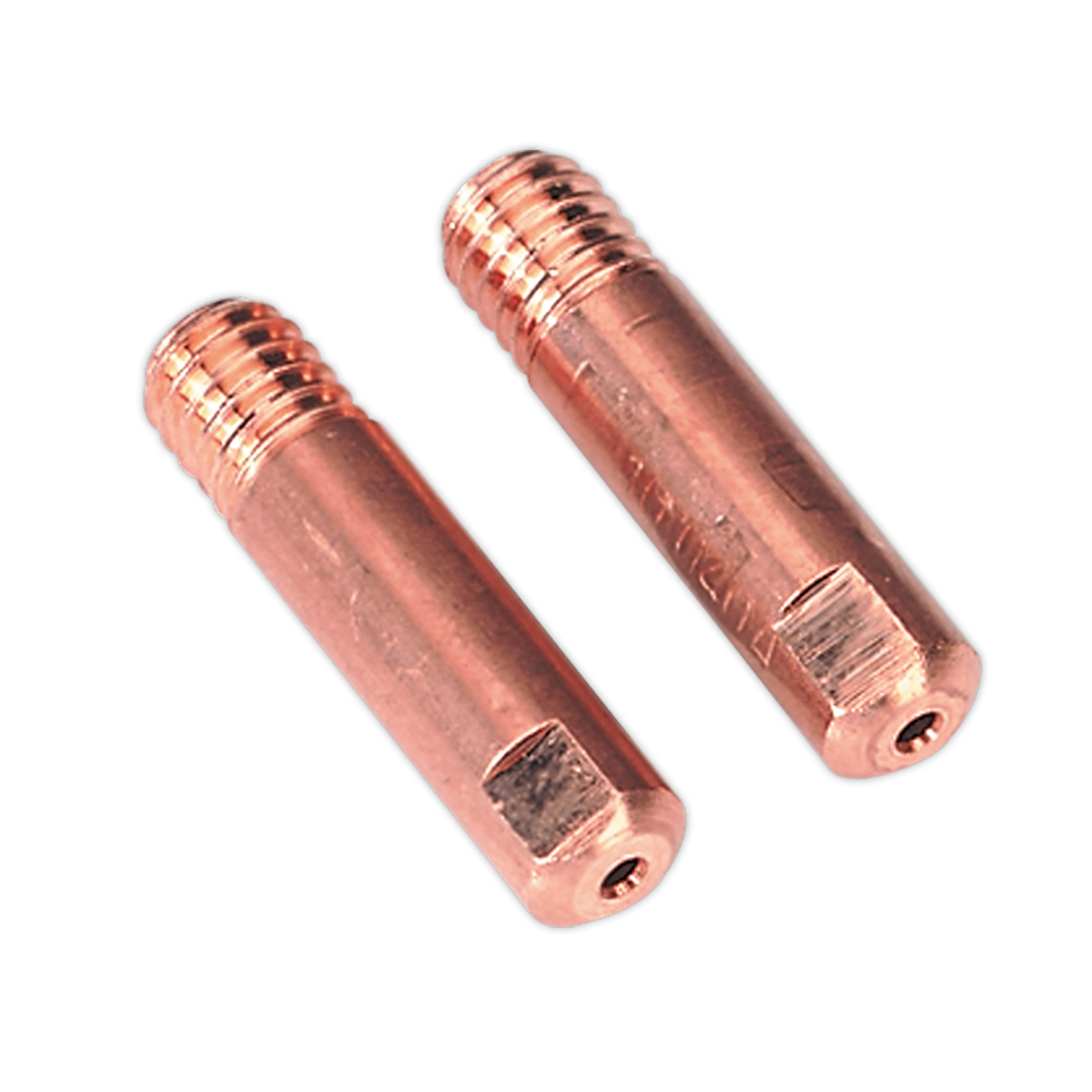 Two cylindrical, copper-plated threaded pins with hexagonal ends, resembling Sealey's Contact Tip 0.8mm Aluminium MB15 Pack of 2 - MIG927, are aligned parallel to each other against a white background.