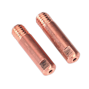 Two Contact Tip 1mm Aluminium MB15 rods from Sealey are placed side by side. Each copper-colored, threaded rod features a hexagonal end and a smooth cylindrical body, resembling the contact tips used in welding setups.