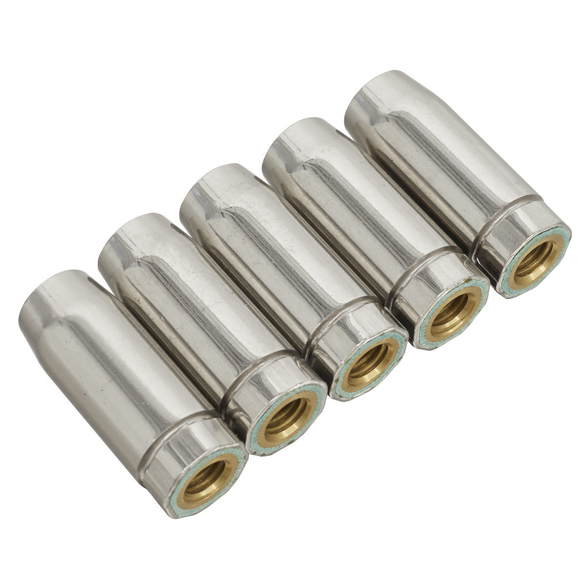 Five pieces from the Conical Nozzle MB14 Pack of 5 - MIG950 by Sealey, featuring silver-colored cylindrical metal bodies with brass ends, are aligned in a row.