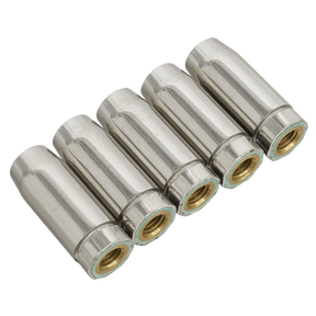Five pieces from the Conical Nozzle MB14 Pack of 5 - MIG950 by Sealey, featuring silver-colored cylindrical metal bodies with brass ends, are aligned in a row.