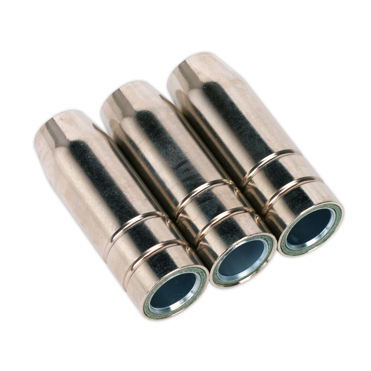 Three Sealey Conical Nozzles MB15 (MIG955) are arranged side by side in a horizontal row, featuring beveled edges and a sleek silver metallic finish.