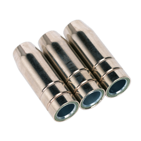 Three Sealey Conical Nozzles MB15 (MIG955) are arranged side by side in a horizontal row, featuring beveled edges and a sleek silver metallic finish.