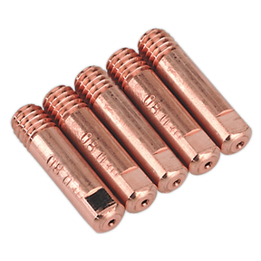 Five Sealey Contact Tip 0.8mm MB15 from pack MIG957 arranged in a row on a white background.