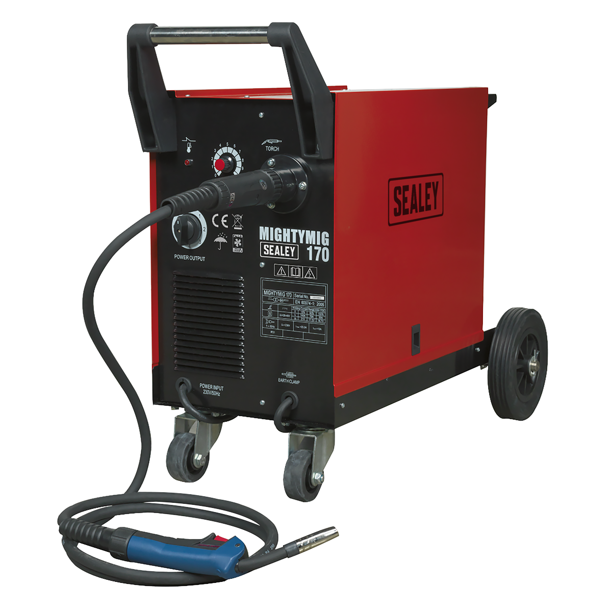 A red and black Sealey Professional Gas/No-Gas MIG Welder 170A with Euro Torch - MIGHTYMIG170, equipped with control knobs, power cable, and welding torch. Perfect for the professional welder.