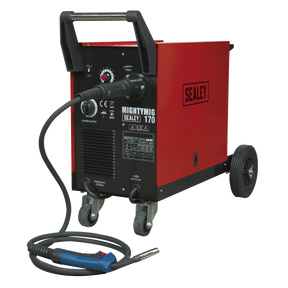 A red and black Sealey Professional Gas/No-Gas MIG Welder 170A with Euro Torch - MIGHTYMIG170, equipped with control knobs, power cable, and welding torch. Perfect for the professional welder.