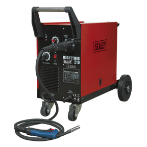 A Sealey Professional Gas/No-Gas MIG Welder 210A with Euro Torch - MIGHTYMIG210 featuring a red body, black handles, control panel, and attached welding cable, mounted on two large rear wheels and two small front casters.