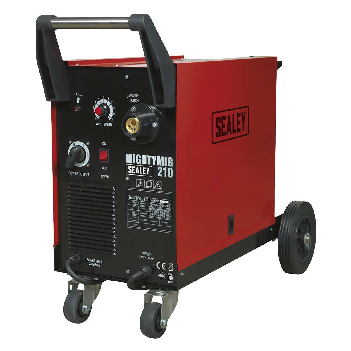 The Sealey Professional Gas/No-Gas MIG Welder 210A with Euro Torch - MIGHTYMIG210, featuring a red design, black handle, various controls, and power outlets on the front panel, is an ideal welding machine on wheels for professional welders.