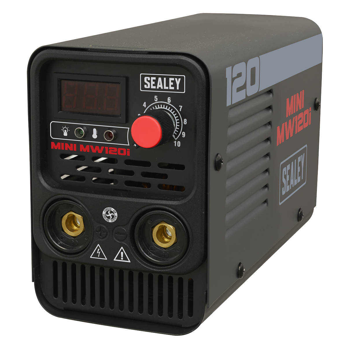 A Sealey Inverter Welder 120A 230V - MINIMW120i, featuring a digital display and adjustment knob on the front, is labeled with "120" and "MINI MW120i" in red and white text. This ultra-compact black welding machine is perfect for mobile technicians needing efficient ARC/MMA weld capabilities.