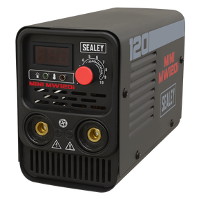 A Sealey Inverter Welder 120A 230V - MINIMW120i, featuring a digital display and adjustment knob on the front, is labeled with "120" and "MINI MW120i" in red and white text. This ultra-compact black welding machine is perfect for mobile technicians needing efficient ARC/MMA weld capabilities.
