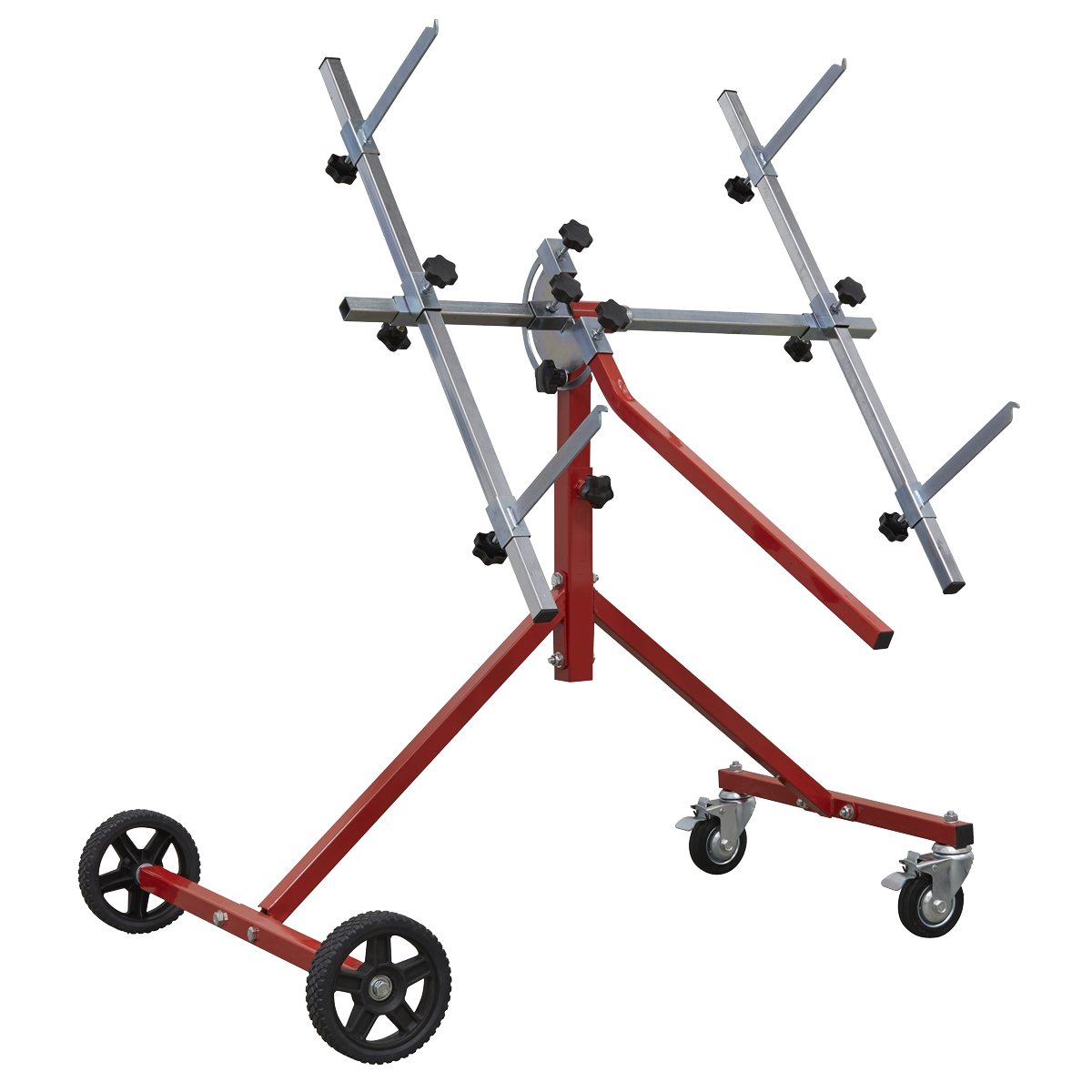 A Sealey Panel Stand - Door, Wing, Bonnet & Bumper - MK51 featuring a red and silver design with wheels and adjustable arms, engineered for optimum maneuverability in lifting and positioning drywall panels.