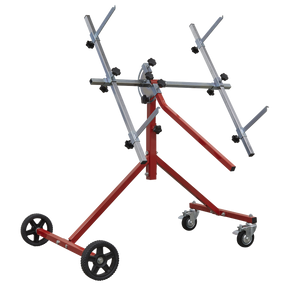 A Sealey Panel Stand - Door, Wing, Bonnet & Bumper - MK51 featuring a red and silver design with wheels and adjustable arms, engineered for optimum maneuverability in lifting and positioning drywall panels.