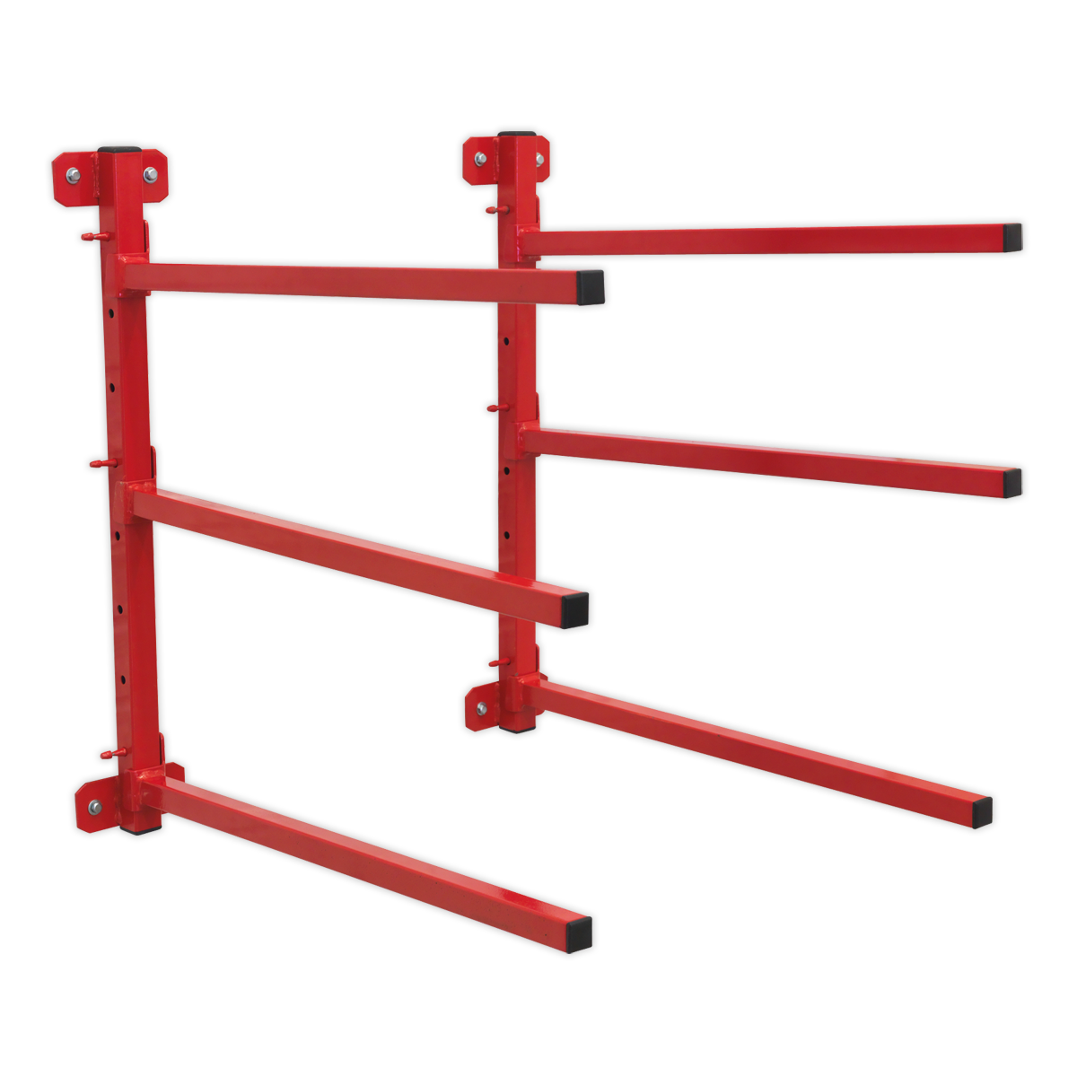 The Sealey Wall Mounting Folding Bumper Rack - MK56 is a red metal, wall-mounted cantilever rack with adjustable arms, perfect for workshop storage in bodyshops and offers a Safe Working Load.