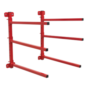 The Sealey Wall Mounting Folding Bumper Rack - MK56 is a red metal, wall-mounted cantilever rack with adjustable arms, perfect for workshop storage in bodyshops and offers a Safe Working Load.