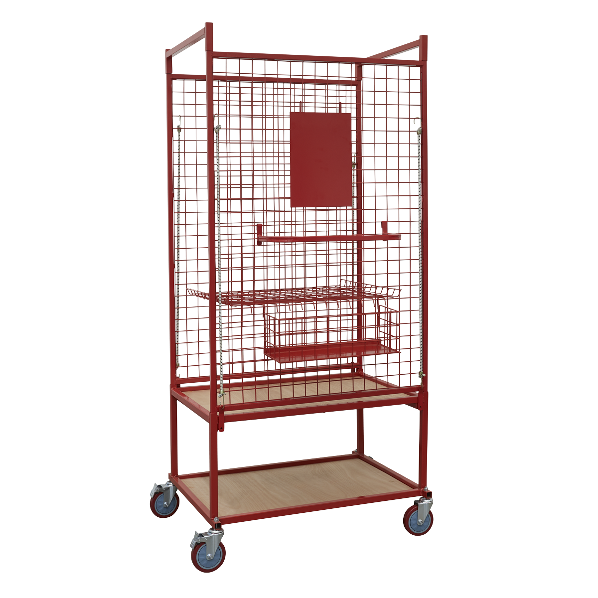 The Car Parts Trolley - MK70 by Sealey is a red metal utility cart with mesh sides, multiple shelves, and four wheels. Designed for industrial use, this heavy-duty parts trolley ensures organised storage of car parts or other materials.