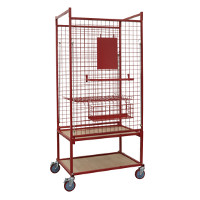 The Car Parts Trolley - MK70 by Sealey is a red metal utility cart with mesh sides, multiple shelves, and four wheels. Designed for industrial use, this heavy-duty parts trolley ensures organised storage of car parts or other materials.
