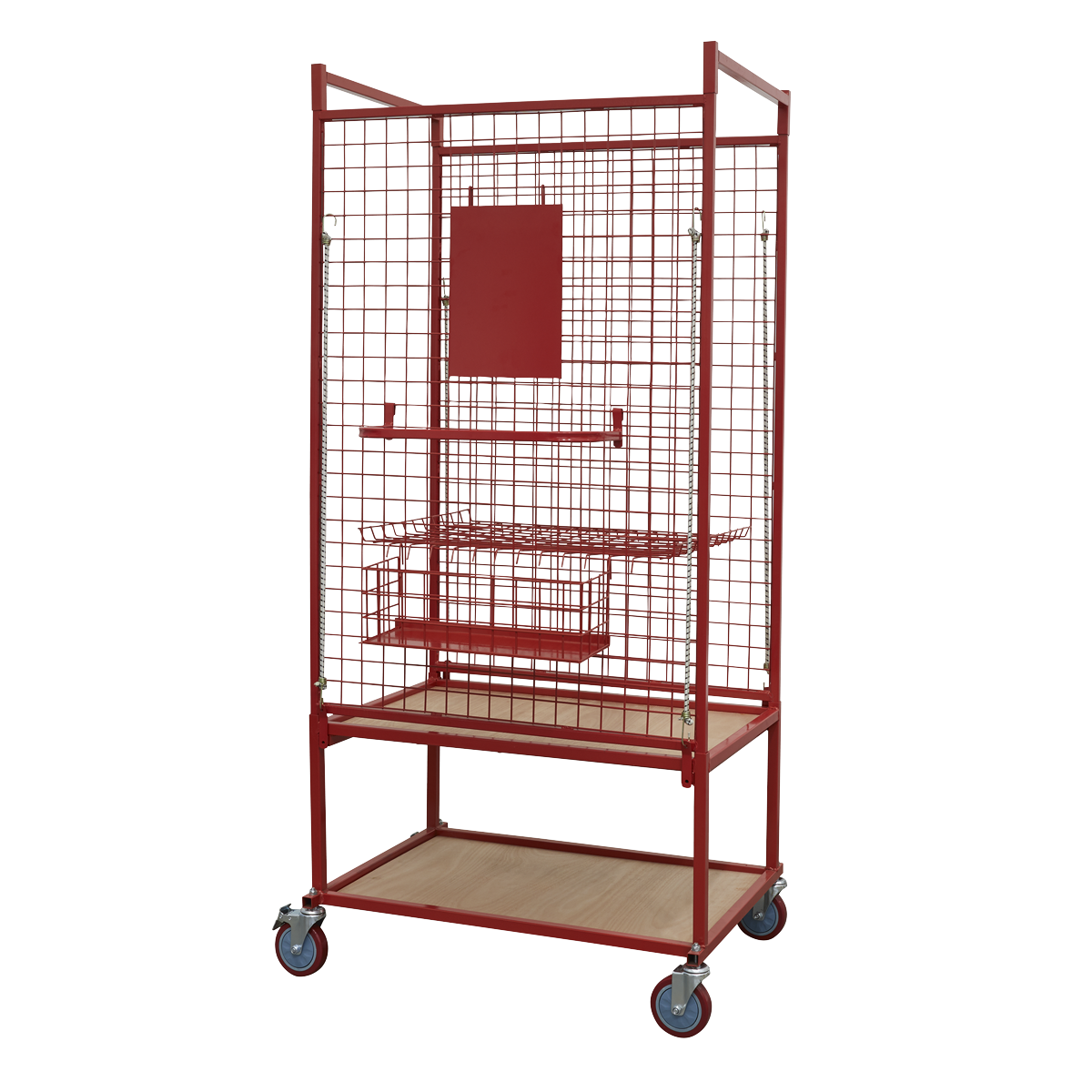 The Car Parts Trolley - MK70 by Sealey, featuring a red metal frame with multiple shelves and a basket, equipped with blue-tinted caster wheels and a side clipboard holder, is perfect for organized storage of car parts.