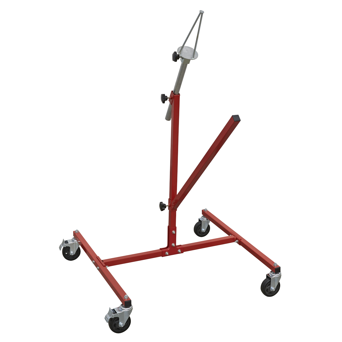 Sealey MK72 Alloy Wheel Painting/Repair Stand with four caster wheels, adjustable supporting bars, and a vertical support bar.