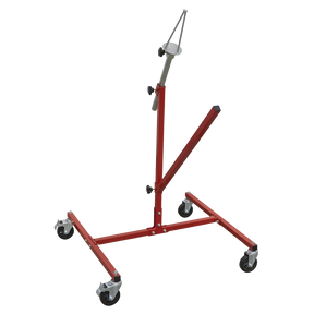 Sealey MK72 Alloy Wheel Painting/Repair Stand with four caster wheels, adjustable supporting bars, and a vertical support bar.