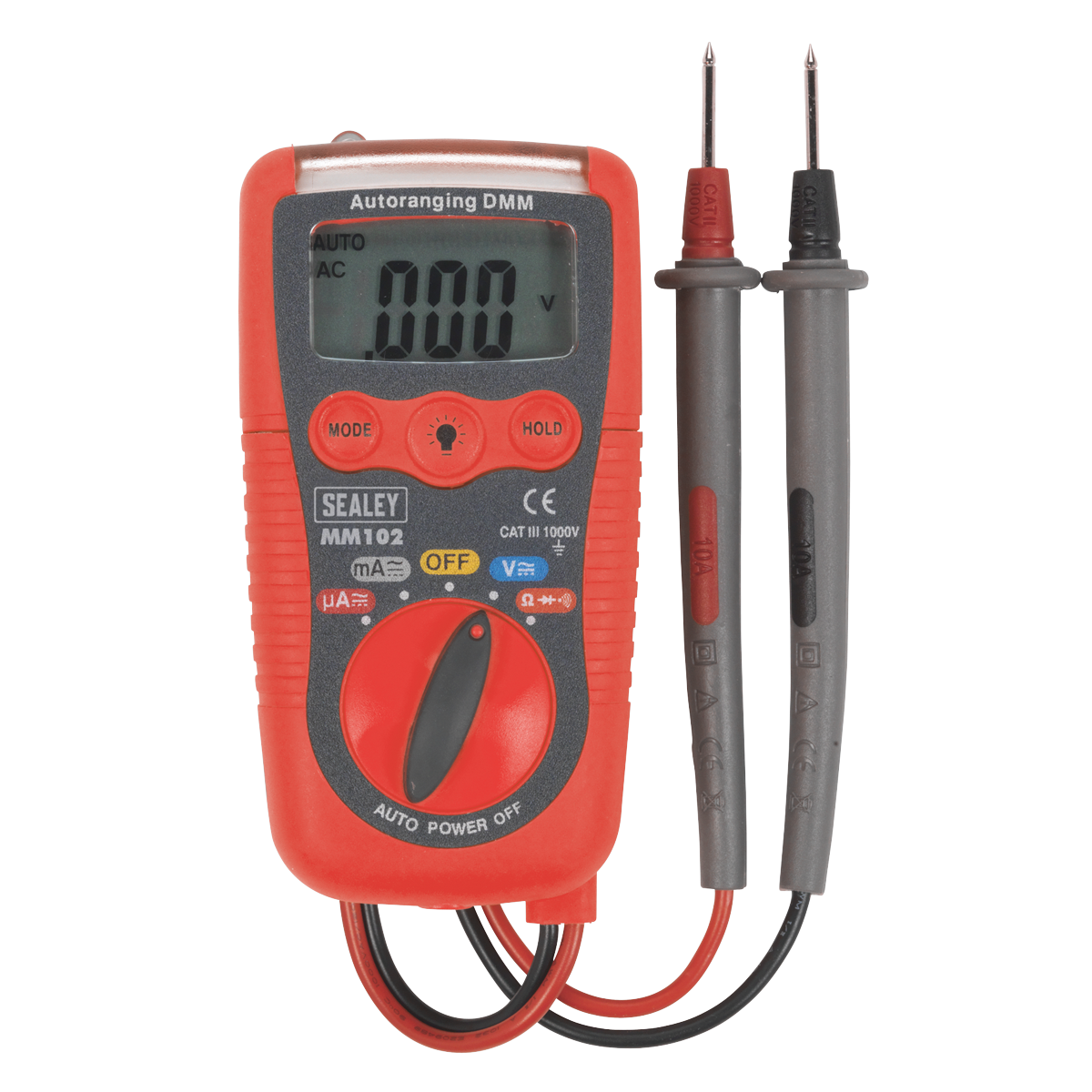 The Professional Auto-Ranging Digital Multimeter - MM102 by Sealey is a lightweight device featuring a display screen and black and red probes. The dial is set to the "OFF" position, ensuring safety when not in use.