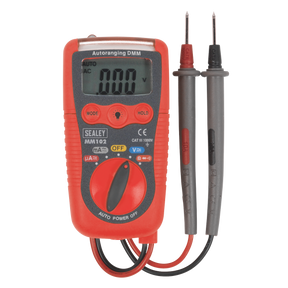 The Professional Auto-Ranging Digital Multimeter - MM102 by Sealey is a lightweight device featuring a display screen and black and red probes. The dial is set to the "OFF" position, ensuring safety when not in use.
