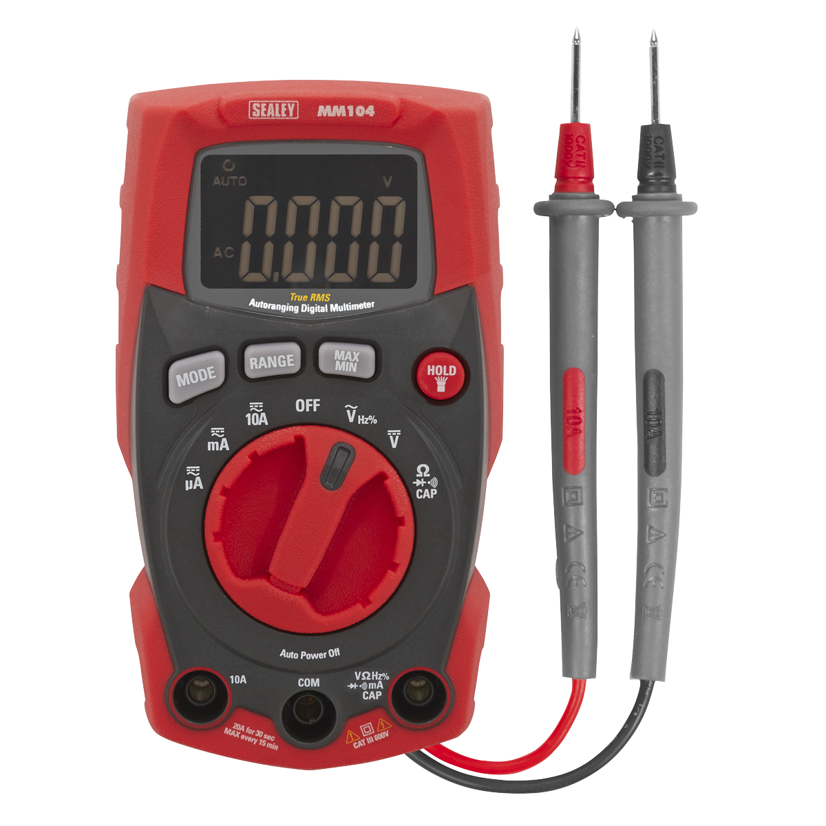 The Sealey Professional Auto-Ranging Digital Multimeter - MM104 features a red casing and comes with two test probes (one red and one black) connected by cords. The device displays "0000" on the screen and offers CATIII 600V capability along with various function and measurement settings.