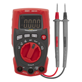 The Sealey Professional Auto-Ranging Digital Multimeter - MM104 features a red casing and comes with two test probes (one red and one black) connected by cords. The device displays "0000" on the screen and offers CATIII 600V capability along with various function and measurement settings.