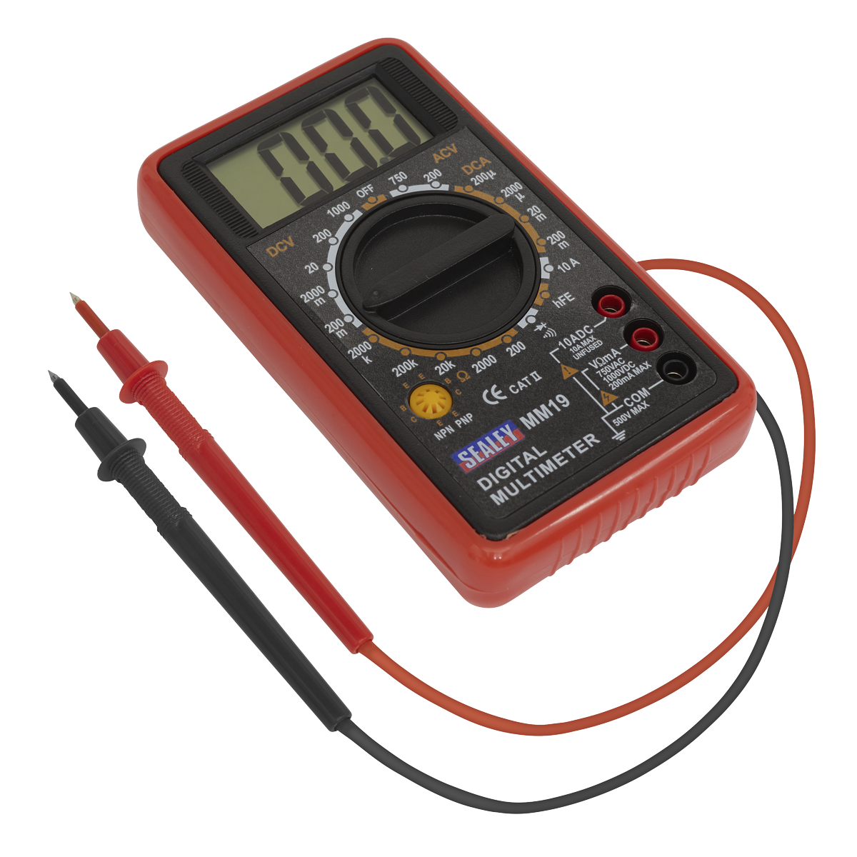 The Digital Multimeter 7-Function - MM19 by Sealey is displayed with black and red test leads. The device, featuring a circular selector switch, has a clear LCD display showing "0.00." It is primarily red with black and yellow accents.