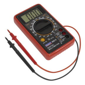 The Digital Multimeter 7-Function - MM19 by Sealey is displayed with black and red test leads. The device, featuring a circular selector switch, has a clear LCD display showing "0.00." It is primarily red with black and yellow accents.