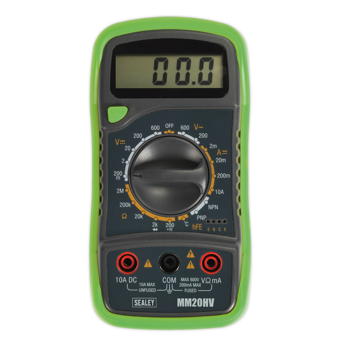 The Sealey Digital Multimeter 8-Function with Thermocouple Hi-Vis - MM20HV, equipped with a green case and an LCD display reading 00.0, includes a rotary dial and multiple inputs for measuring voltage, current, resistance, and even features a temperature probe for enhanced functionality.